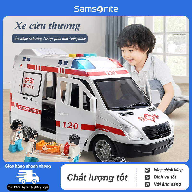 Mô hình đồ chơi xe cứu thương, đèn pha, âm thanh cấp cứu như thật