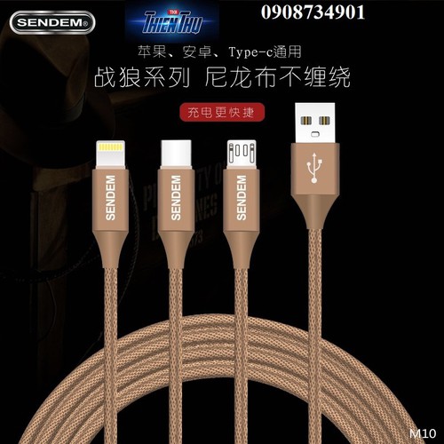 Cáp sạc đa năng, cáp sạc 3 chân Sendem M10, cáp sạc chân iphone, cáp sạc chân samsung, cáp sạc type C, cáp sạc 3 đầu sạc nhanh , dây sạc 3 chân, cáp sạc 3 in 1