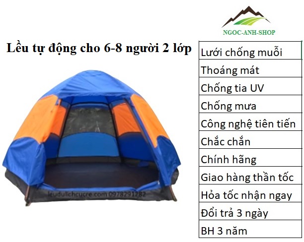 Lều trại cho 6 người 2 lớp, lều du lịch cho 6 người, lều phượt tập thể, lều tự động