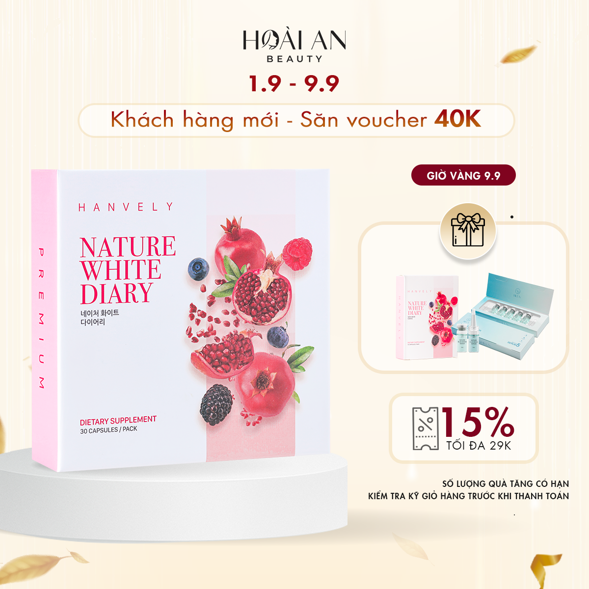 Hộp 30 viên uống trắng da, giảm nám Hanvely Nature White Dairy
