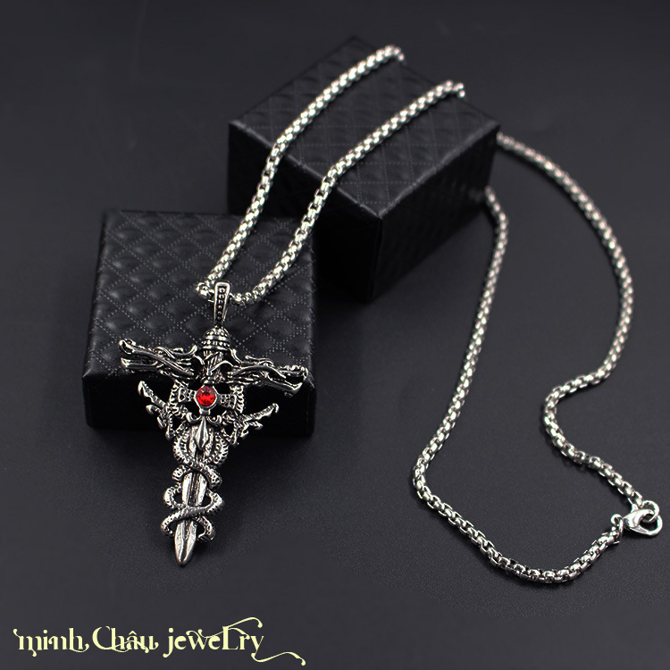 Dây chuyền Kiếm Rồng đính đá cao cấp, dây đeo cổ nam cá tính