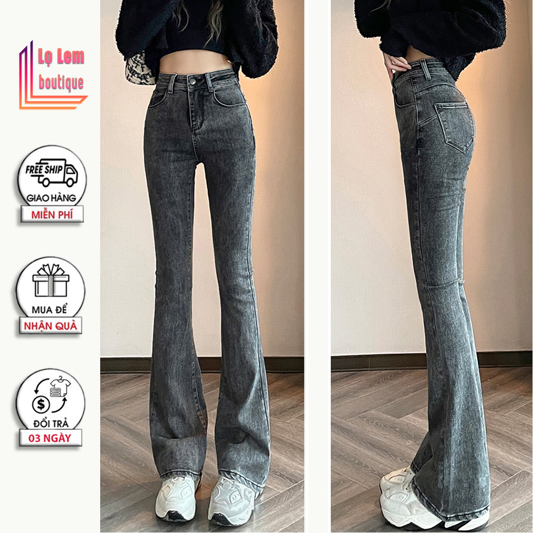 Quần jean nữ lưng cao ống loe cao cấp co giãn tôn dáng che khuyết điểm hàn quốc - Lolem Boutique