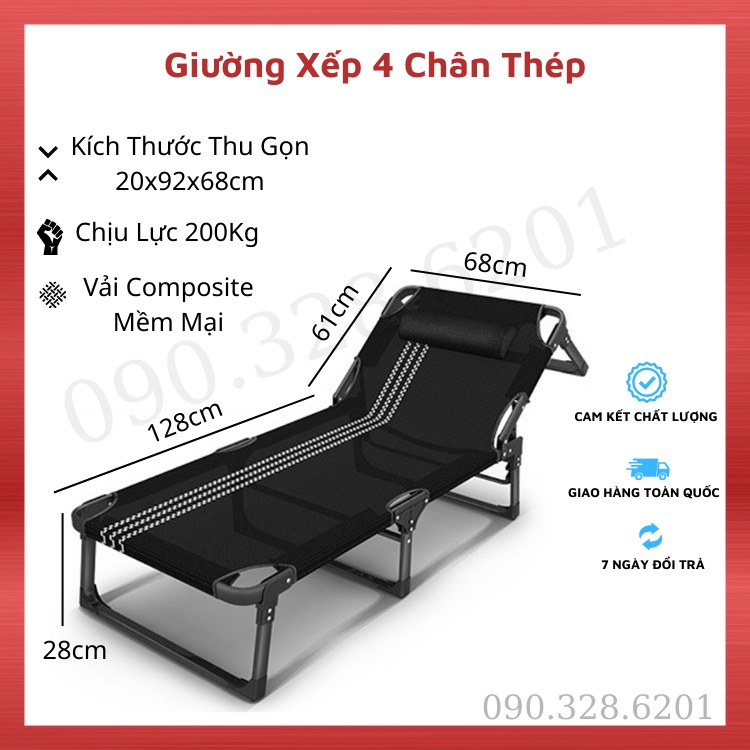Giường xếp 4 chân thép đen xịn , tựa lưng  68x189x28cm