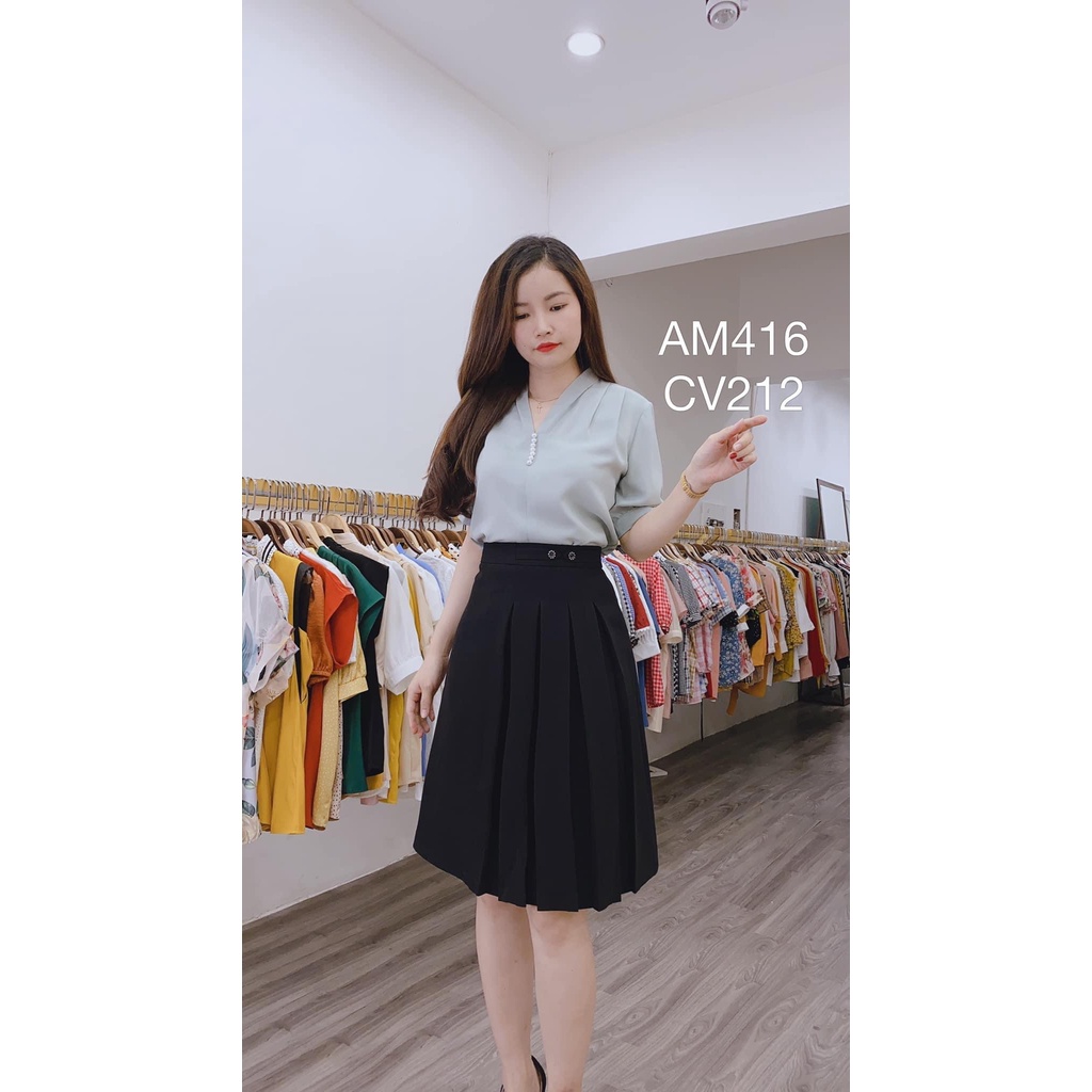 Chân váy xòe công sở đẹp chân váy xếp li phối cúc trẻ trung d58cm