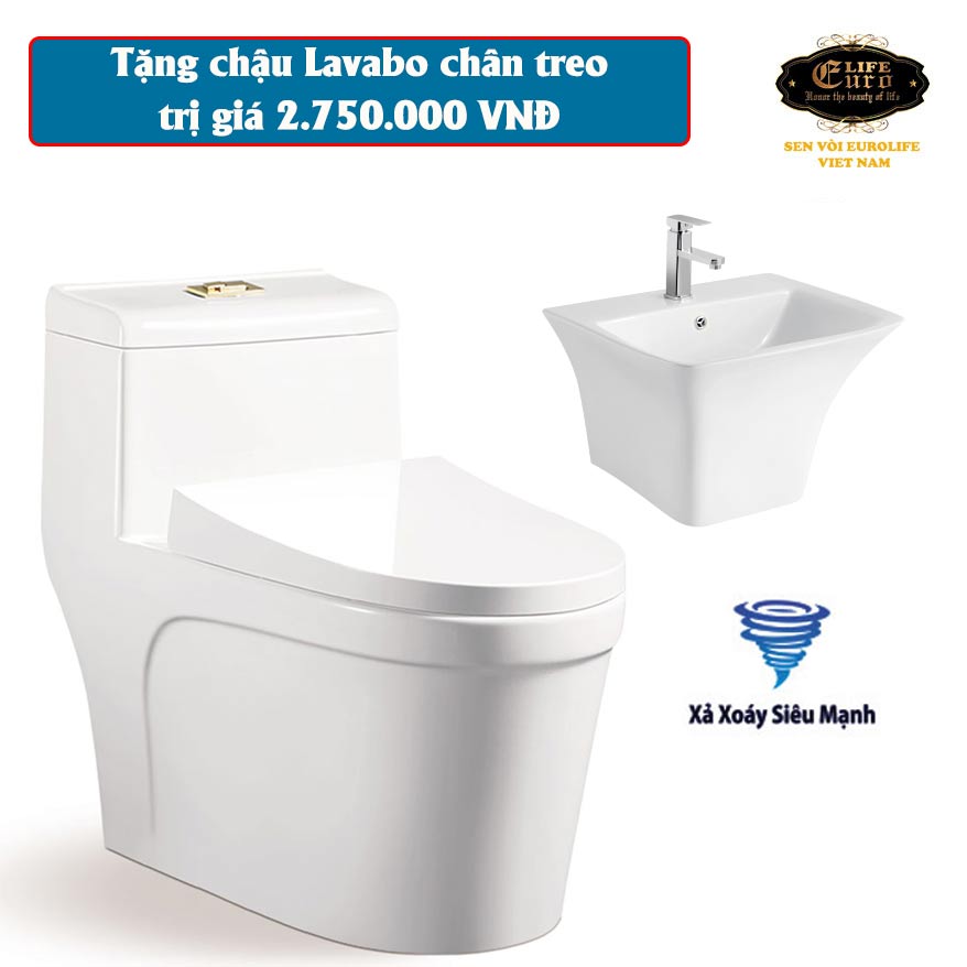 [Trả góp 0%] Bồn cầu 1 khối men sứ Nano tuyết nắp đóng êm Eurolife  EL-BC216 (Trắng)