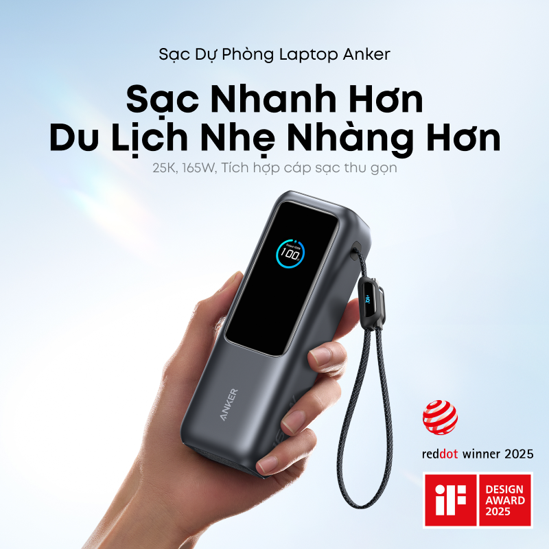 sạc dự phòng, Anker Power Bank 25,000mAh Portable Charger with Triple 165W USB-C Ports for Multi-Device Charging, Tích hợp cáp USB-C có thể thu gọn, Built-In and Retractable Cables, for iPhone 17/ 17 Air/ 17 Pro series