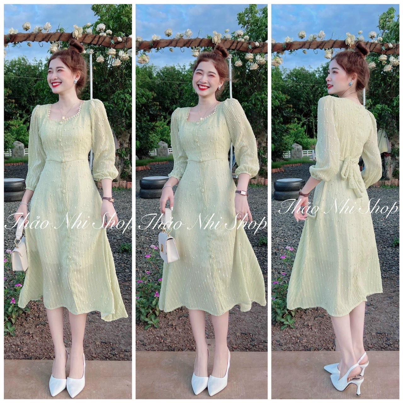 Đầm midi tay dài phối nút cổ vuông siêu hot