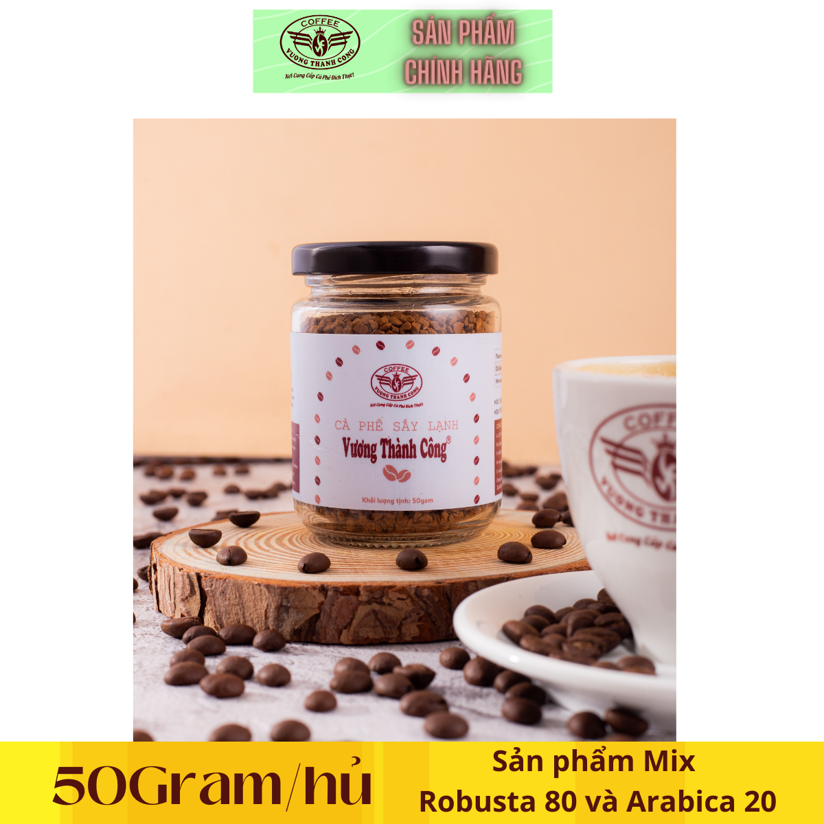 Cafe hoà tan nguyên chất  Buôn Ma Thuột 50 Gram-[Robusta 80 và Arabica 20],[THƯƠNG HIỆU CÀ PHÊ VƯƠNG THÀNH CÔNG-AB14]] Cafe Sấy Lạnh Nguyên chất, Cà phê Thơm ngon Tự nhiên Tiện lợi Buôn Ma Thuột, Đắk Lắk]