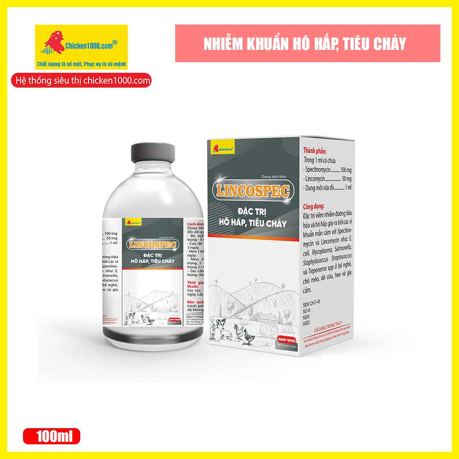 Thuốc thú y lincospec chicken1000 đặc trị tiêu chảy cho chó, mèo, heo, bò, gà đá, dê