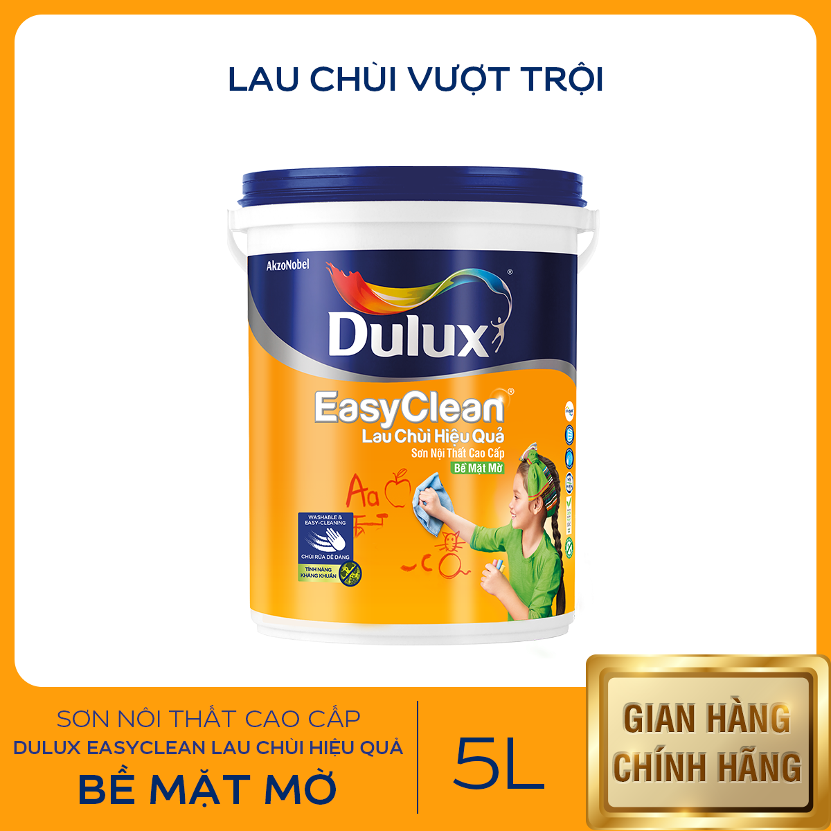 Sơn nội thất - Cao cấp - Dulux EasyClean Lau Chùi Hiệu Quả - Bề mặt mờ - 5L