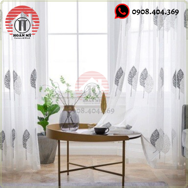 (Mẫu mới 2022) Rèm voan trắng thêu hình chiếc lá màu ghi,Voan thêu họa tiết làm rèm cửa sổ,cửa chính siêu xinh.