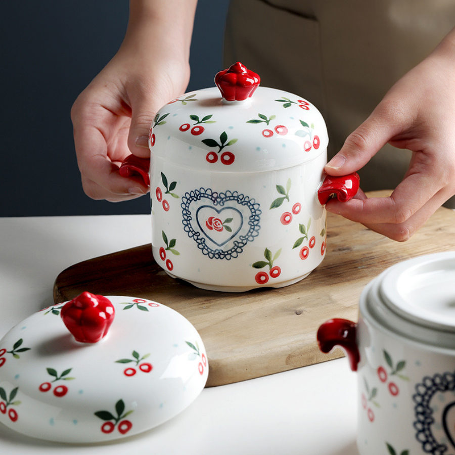 Thố chưng yến, hũ chưng yến bằng sứ có 2 nắp họa tiết Cherry xinh xắn - giữ trọn hương vi của Yến