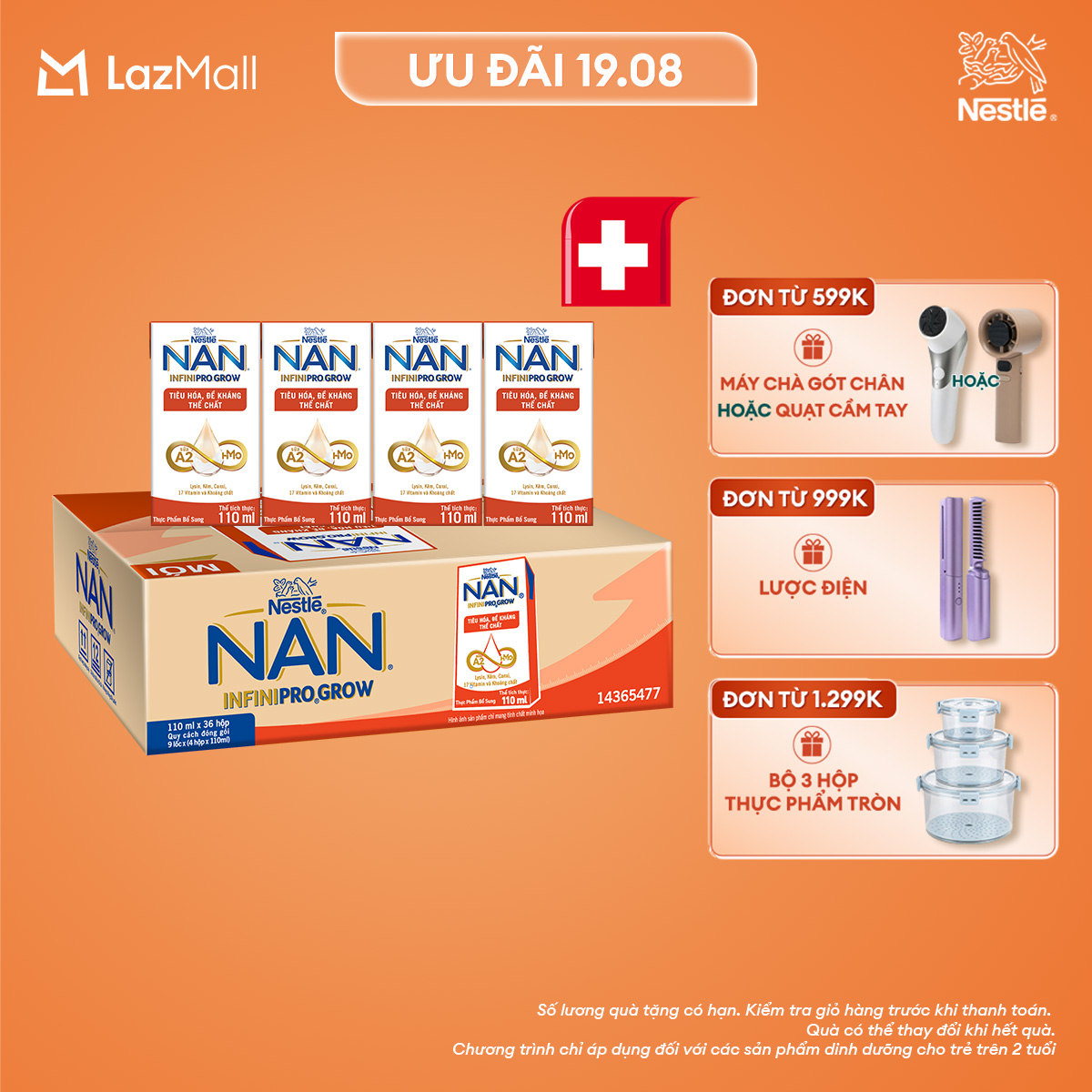 [CHỈ 19.08 QT ĐƠN 599K/999K/1299K] Thùng 36 hộp sữa pha sẵn Nestle NAN INFINIPRO GROW với công thức vượt trội kết hợp sữa A2 và HMO hỗ trợ tiêu hóa, đề kháng và phát triển thể chất (4x110ml)