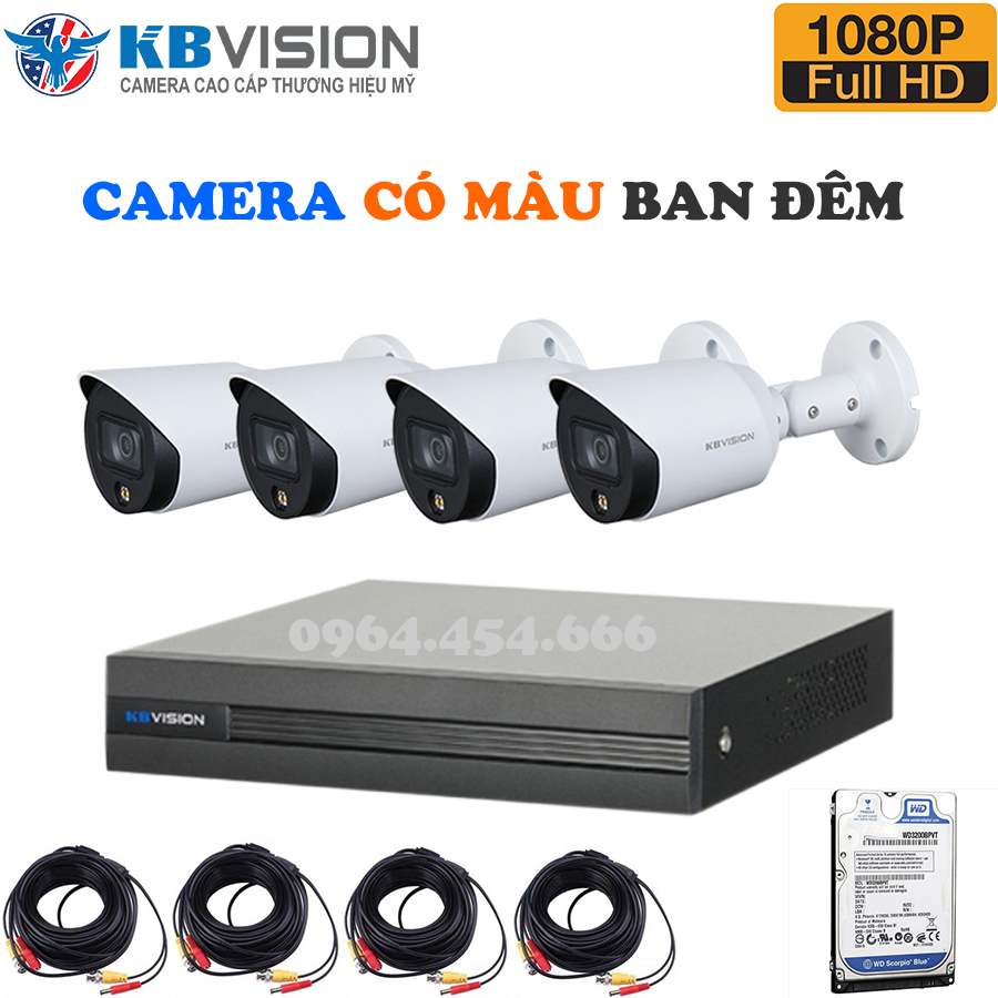 Bộ camera quan sát có màu ban đêm kbvision 4 kênh full hd - trọn bộ camera quan sát đầy đủ phụ kiện lắp đặt