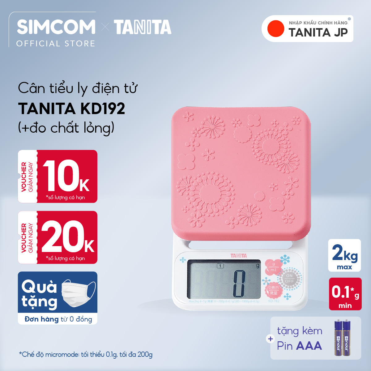 Cân tiểu ly điện tử TANITA KD192 2kg - 0.1g, hỗ trợ làm bánh, giảm cân, màu hồng, bảo hành chính hãng nhật bản 6 tháng, tặng pin, Simcom