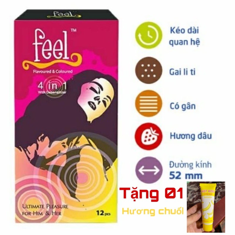 Combo bao cao su feel 4in1 + gel hot kiss 30ml