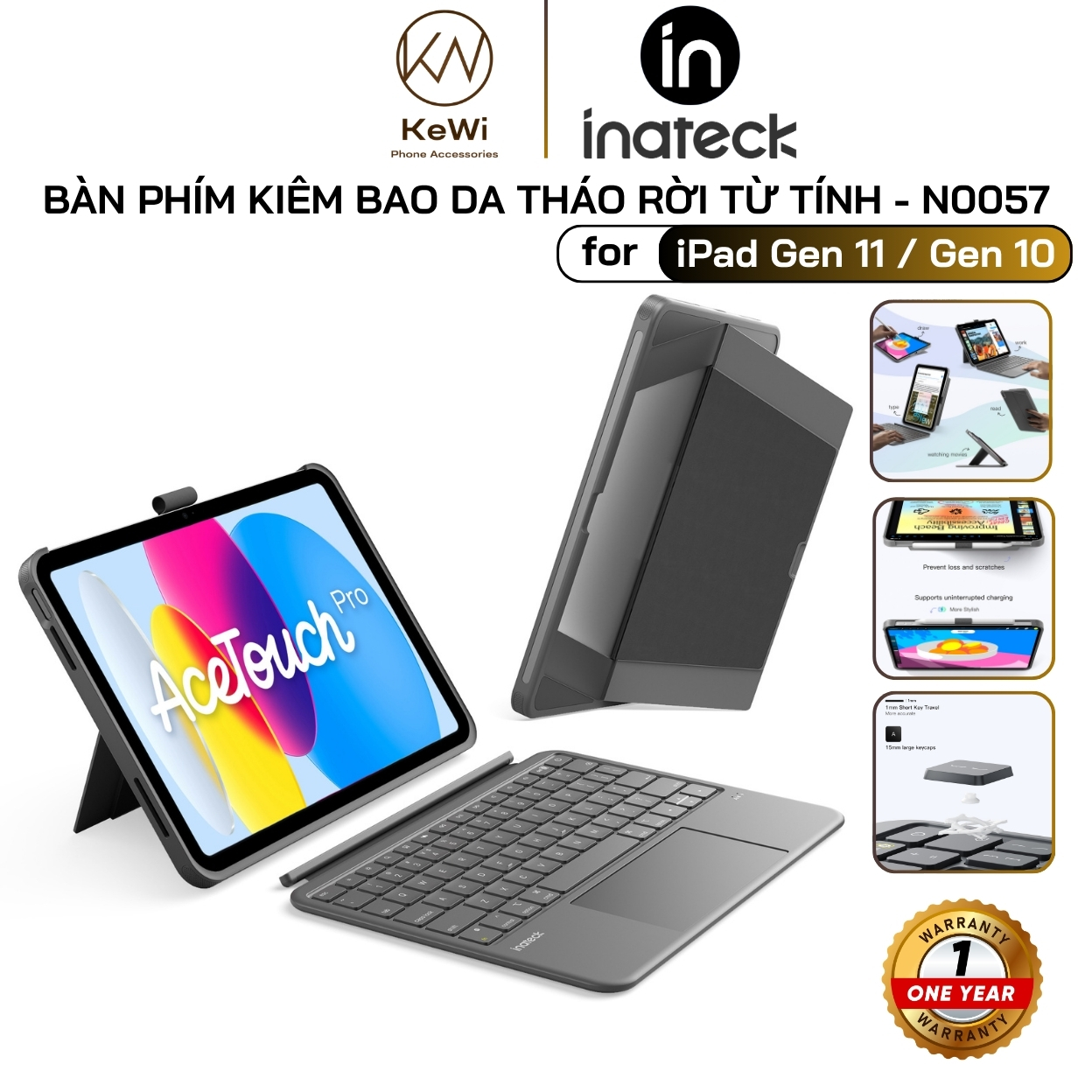 Bàn phím kiêm bao da cho iPag Gen 11 (A16) / Gen 10, Inateck N0057 AceTouch Pro, Touchpad 5.1 Inch, Nam Châm Tách Rời
