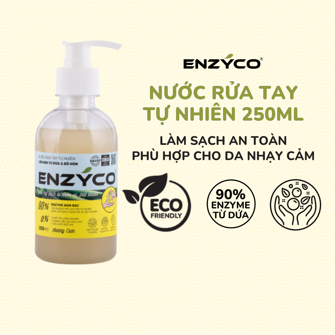 Nước rửa tay sinh học ENZYCO chai 250ML - 90% Enzyme từ dứa giúp làm sạch mạnh mẽ, diệt khuẩn, bảo vệ da tay, mềm da - Hương cam