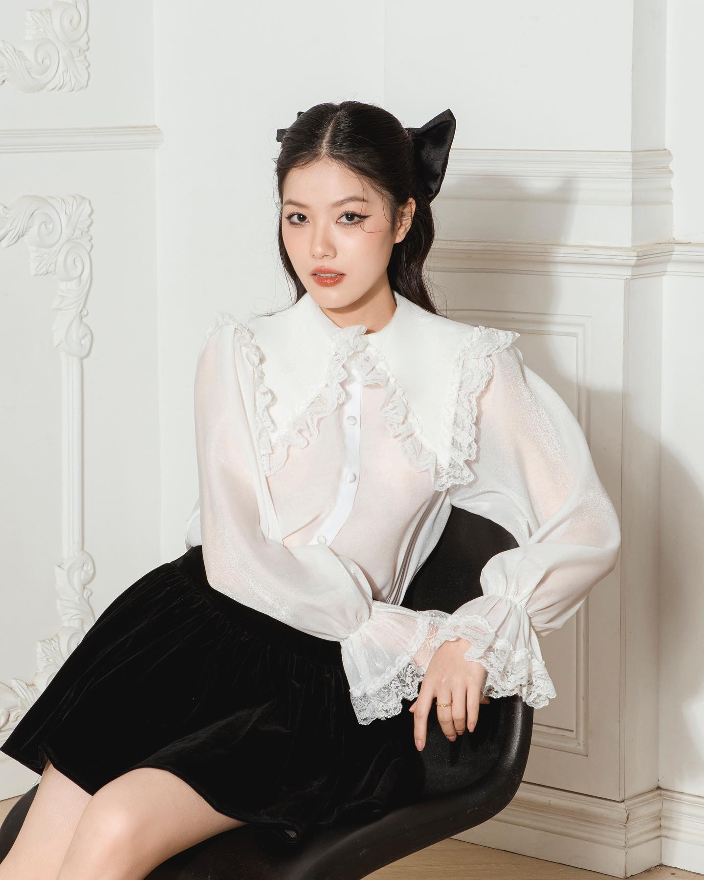 Áo sơ mi tay cổ nhún ren tay bồng PeachyDaily-Helen top