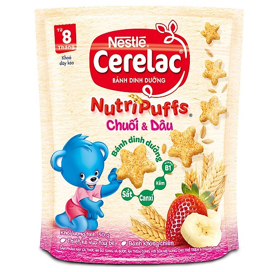 Bánh Ăn Dặm Nestle Cerelac Nutripuffs Vị dâu Chuối Gói 50g