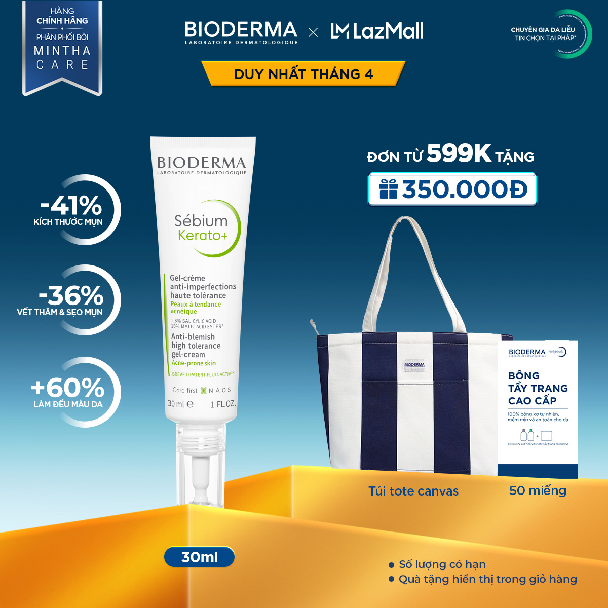 Kem dưỡng hỗ trợ giảm mụn chuyên sâu cho da mụn nhẹ đến trung bình Bioderma Sébium Kerato+ 30ml