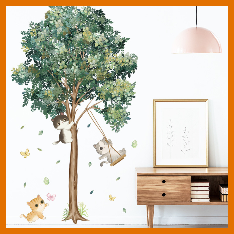 Decal dán tường cây xanh mèo xích đu