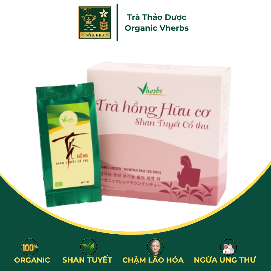 Trà hồng hữu cơ shan tuyết cổ thụ vherbs hộp 49g - 100% búp trà núi cổ thụ hữu cơ nguyên chất, lên men 70% - giúp giảm mệt mỏi, chậm lão hóa, ngăn ngừa ung thư