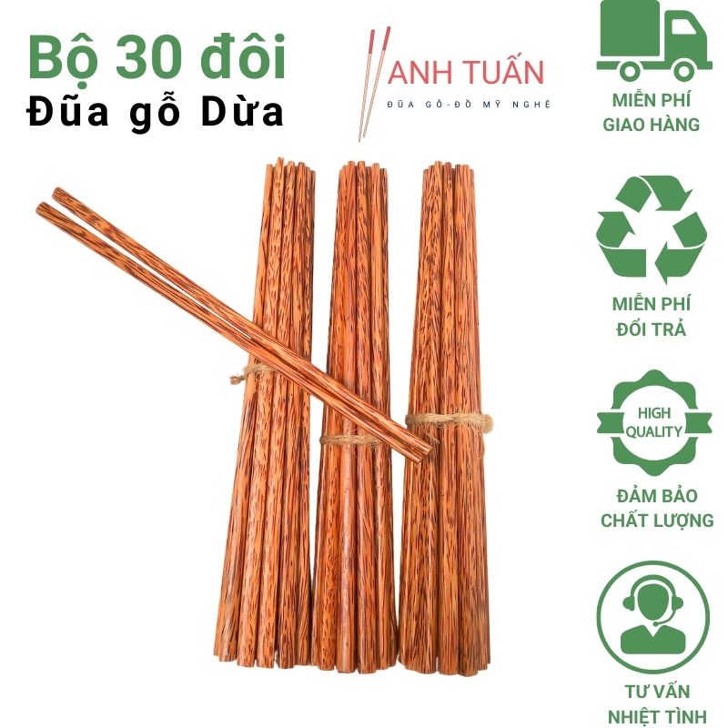 Bộ 30 đôi đũa gỗ ăn cơm cao cấp đũa gỗ DỪA loại 1, đũa đẹp tự nhiên không hoá chất, không cong vênh, chống mốc, kháng khuẩn