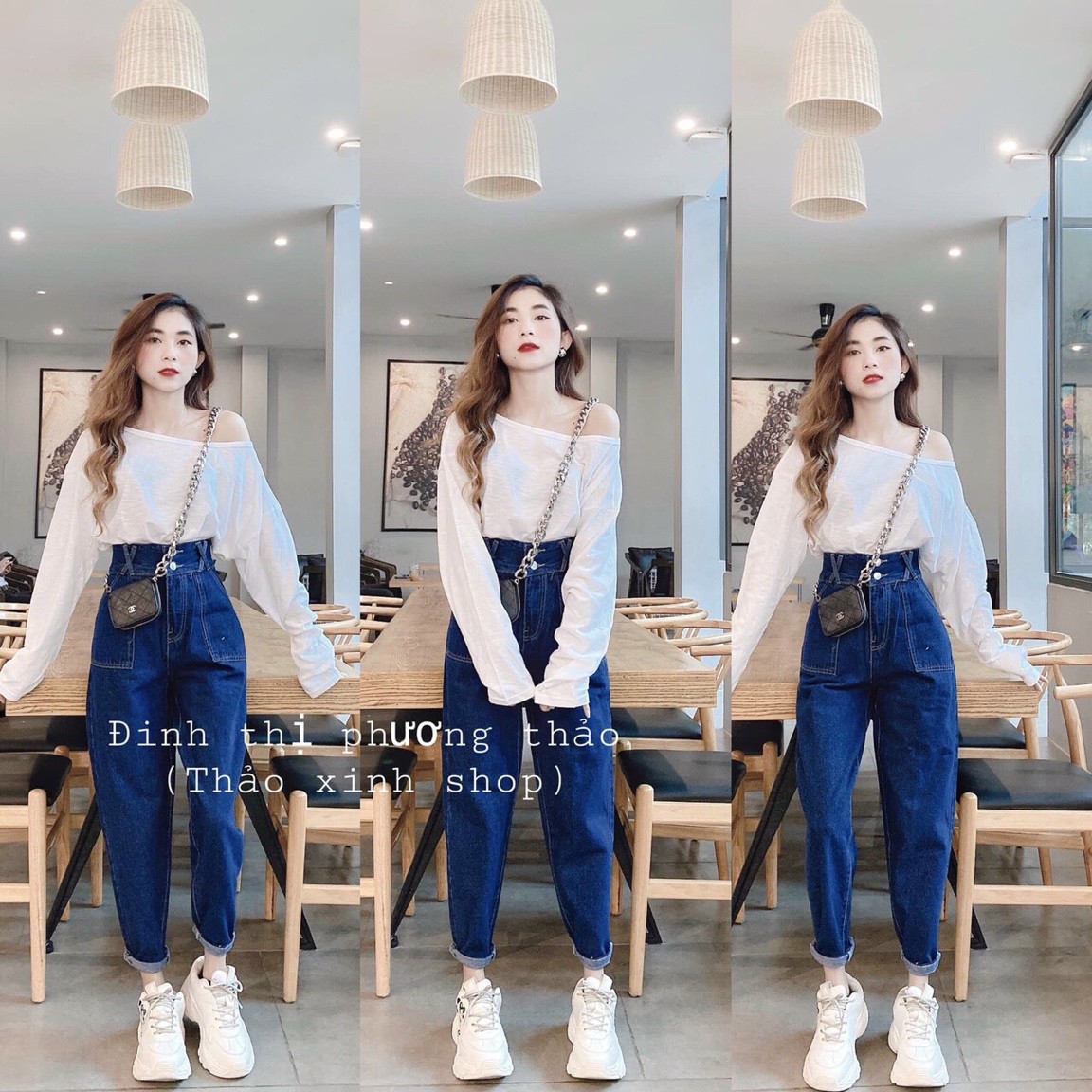 Quần jean baggy nữ lưng siêu cao 2 nút đai chéo phối túi siêu hót chuyên sỉ jean quang vinh mẫu bg210
