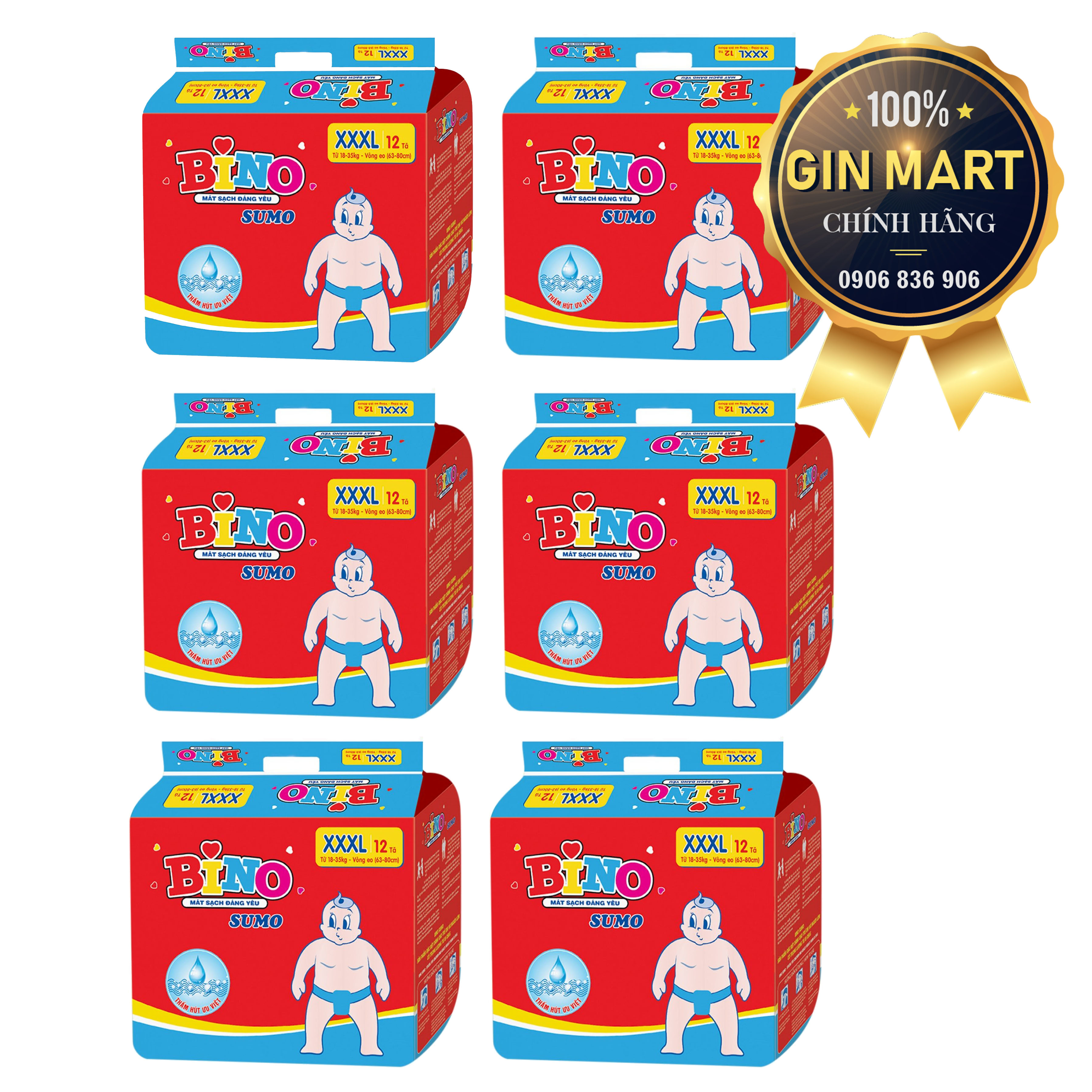 Combo 6 gói tã dán bino sumo xxxl 12 miếng