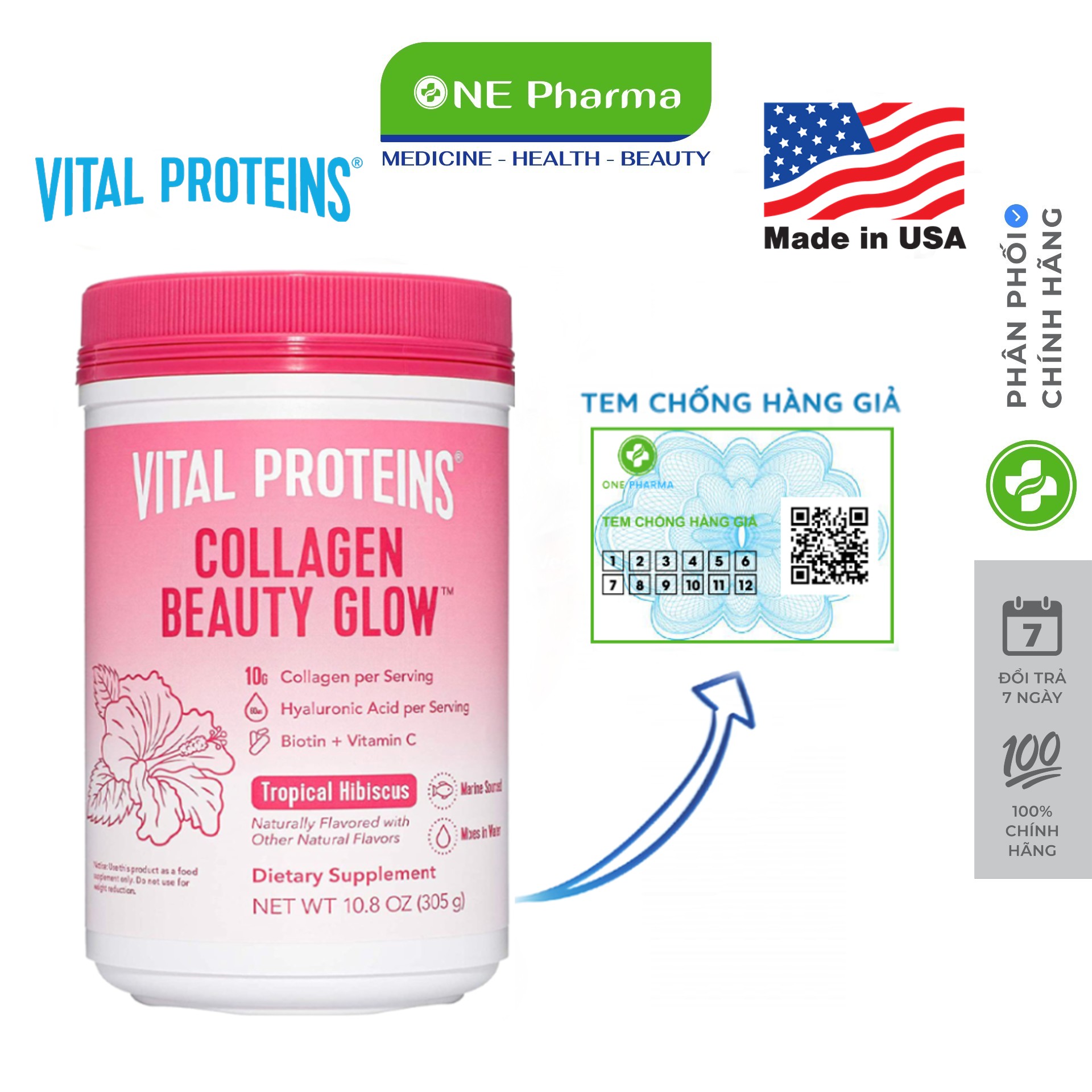 Collagen đẹp da, móng, tóc Vital Proteins Collagen Beauty Glow Tropical Hibiscus 305g