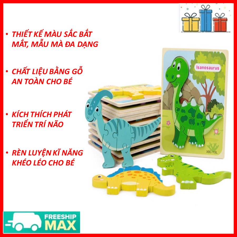 Bộ ghép hình Puzzle 4 cấp độ , Tranh ghép gỗ, Tranh ghép khủng long, Tranh 6 mảnh