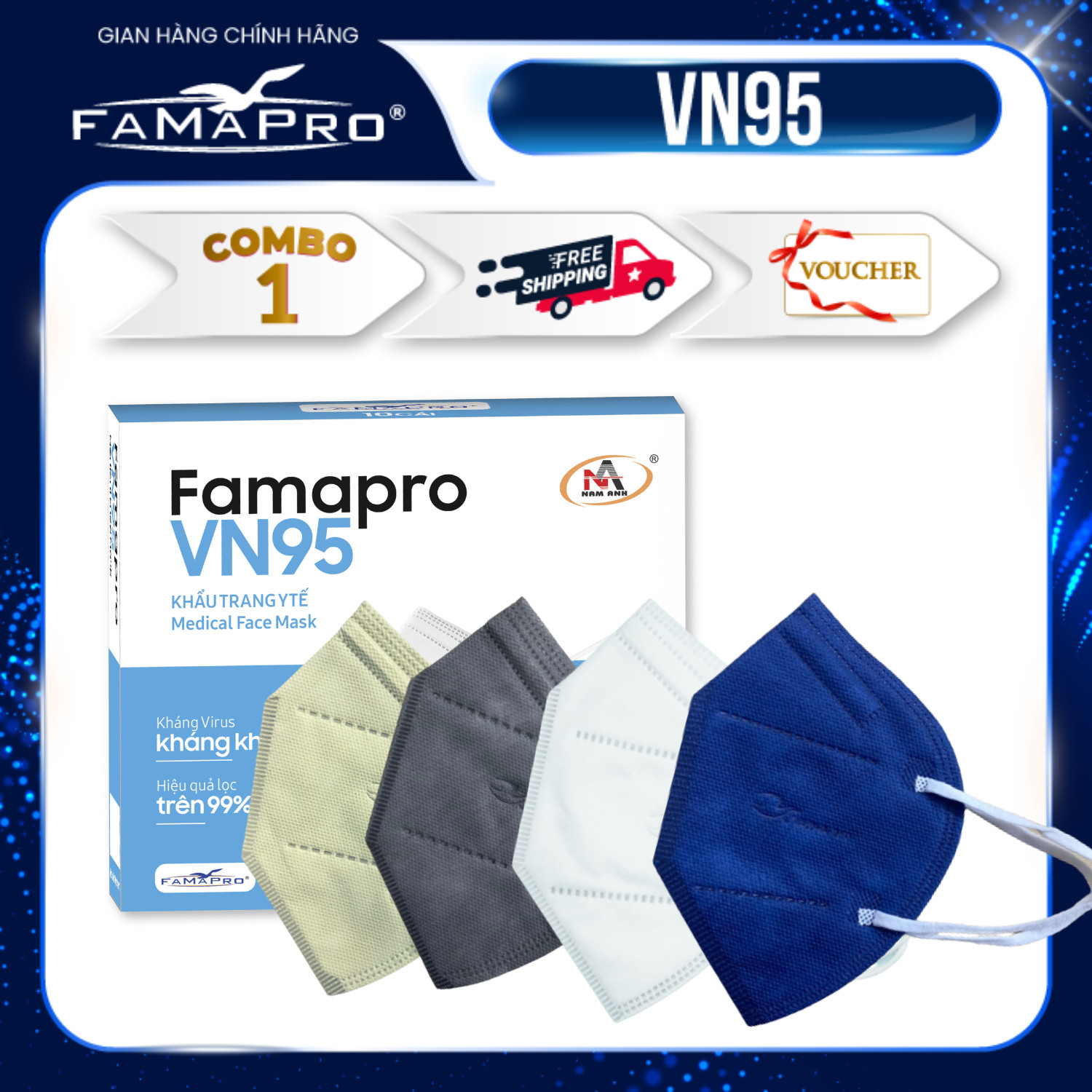 Combo 5 hộp khẩu trang y tế 4 lớp Famapro VN95 chuẩn N95 (10 cái/ hộp)