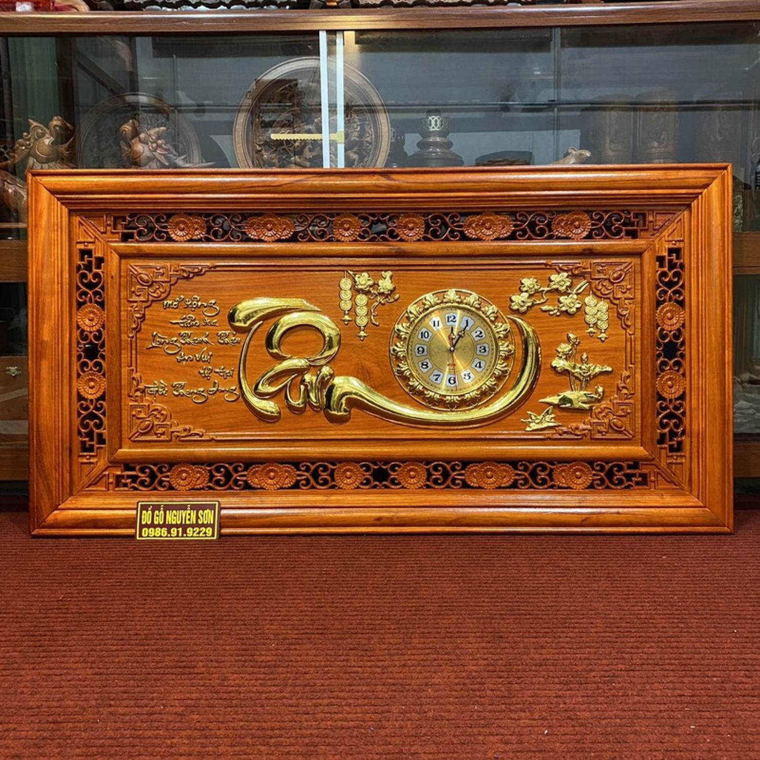 Tranh Đồng hồ chữ tâm:dát vàng Đài Loan cao cấp kích thước 67*127, dày 4cm