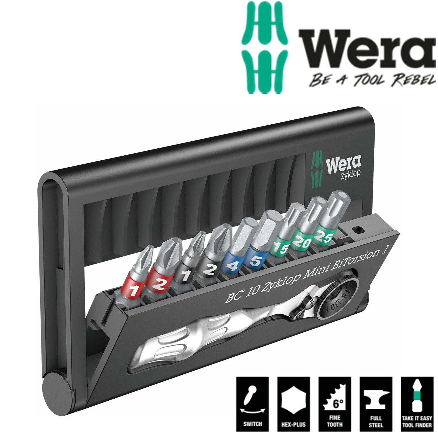 Bộ dụng cụ mở vít Bit-Check 10 Zyklop Mini BiTorsion 1 gồm tay vặn 1/4" và các đầu vít BiTorsion Wera 05057418001