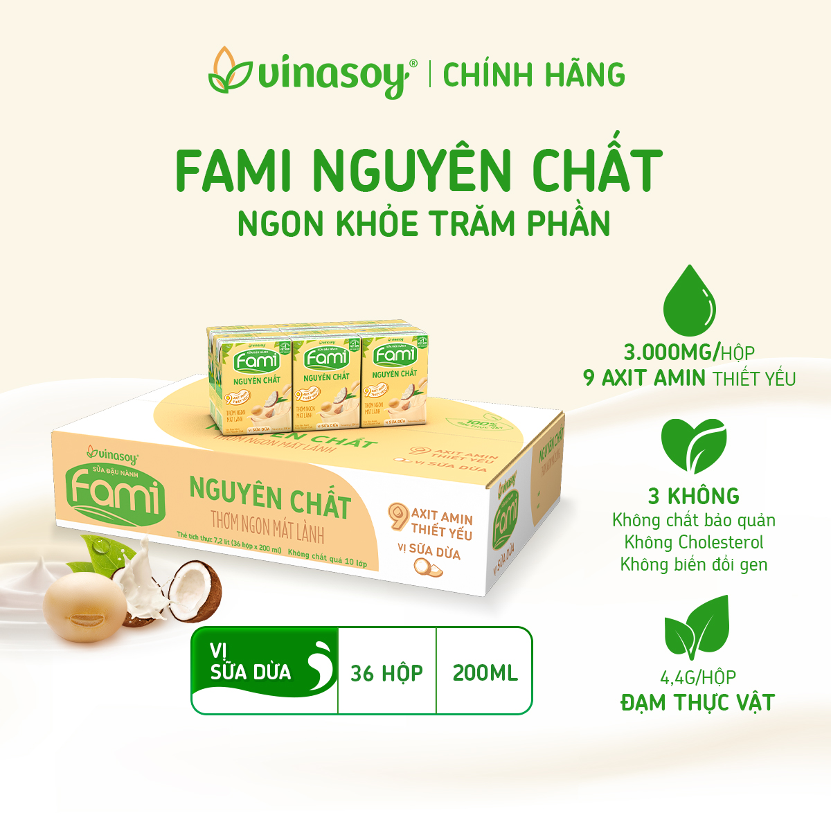 Thùng sữa đậu nành Fami Nguyên Chất vị Sữa dừa (36 hộp x 200ml)