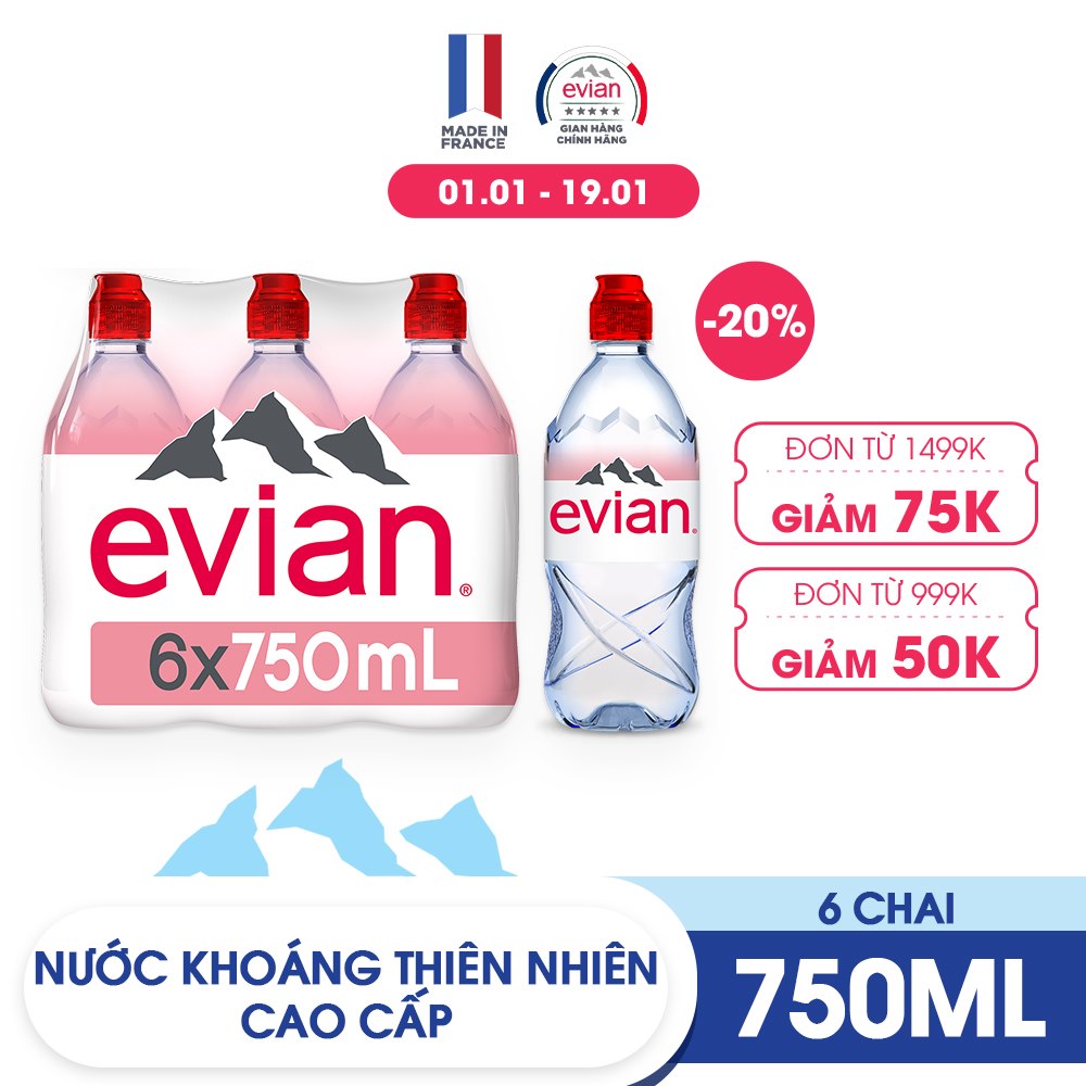 Lốc 6 chai nước khoáng thiên nhiên Evian 750ml (750ml x 6) - Nắp thể thao