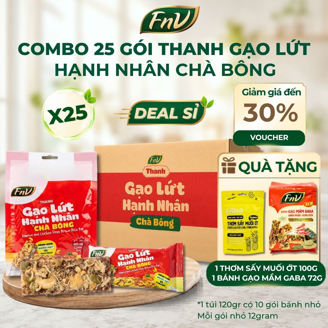 [DEAL SỈ GIÁ HỜI] Combo 25 gói thanh gạo lứt hạnh nhân chà bông ăn vặt không đường ít calo FNV 25 gói x 120g