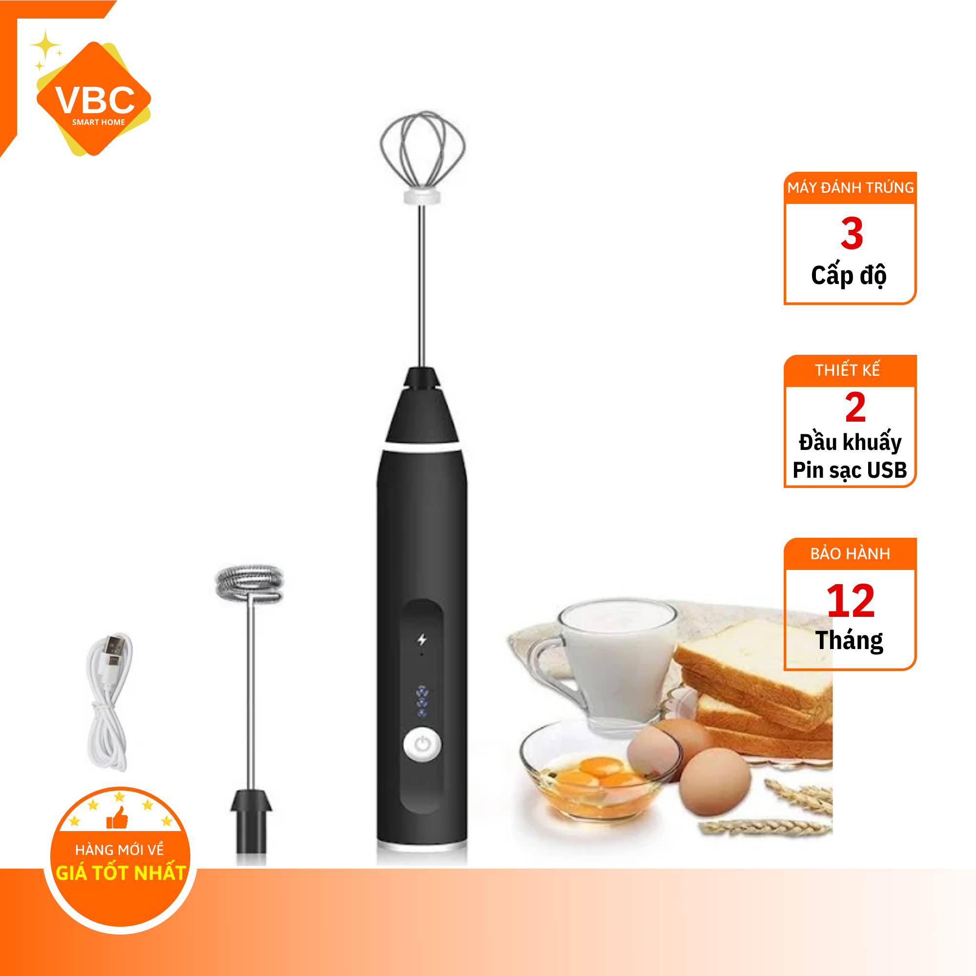 Máy đánh trứng tạo bọt cafe cầm tay 3 cấp độ kèm 2 đầu khuấy tiện dụng, sạc pin USB
