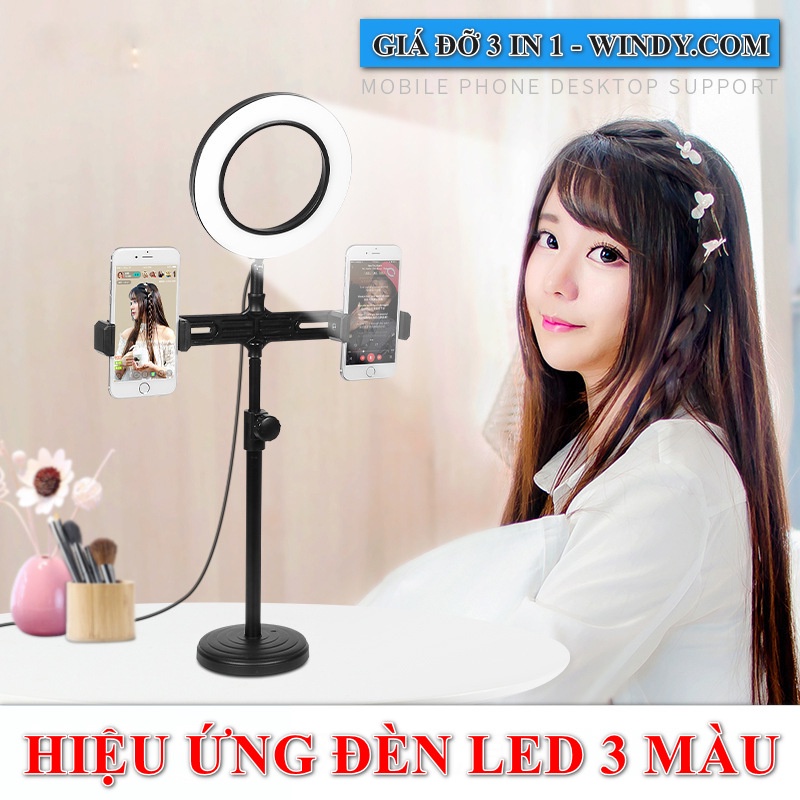 Đèn livestream 3 in 1 tích hợp giá đỡ 2 điện thoại có 3 chế độ sáng windy.com