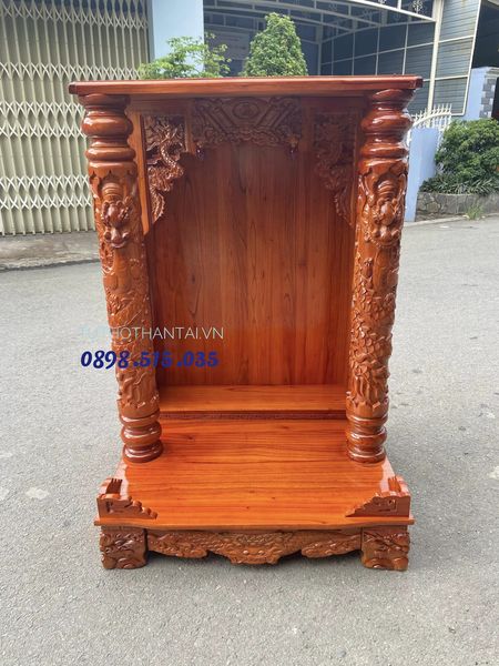 Bàn thờ thần tài gỗ xoan 81 x 117cm, cột rồng phù, ngăn kéo bệ