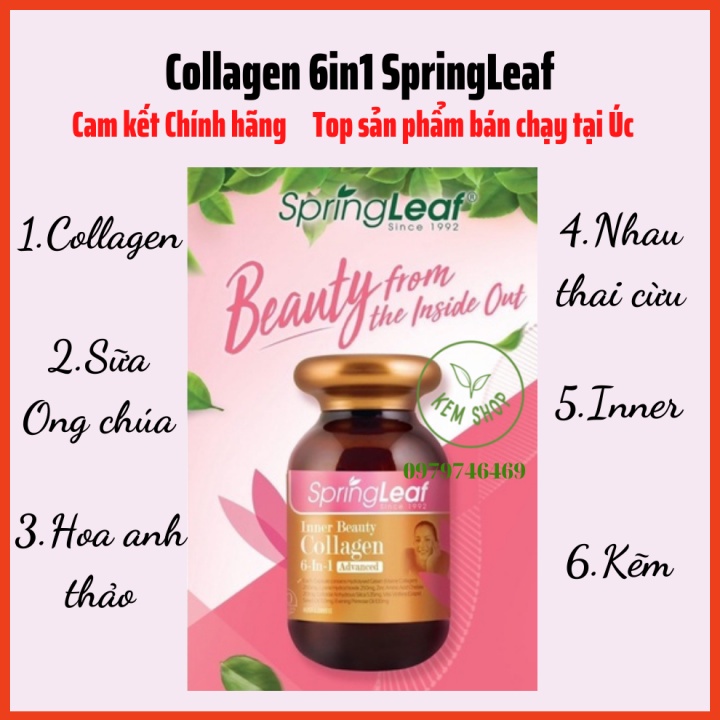 Viên collagen spring leaf inner beauty collagen 6-in-1, collagen 6 trong 1 úc hộp 90 viên/180 viên