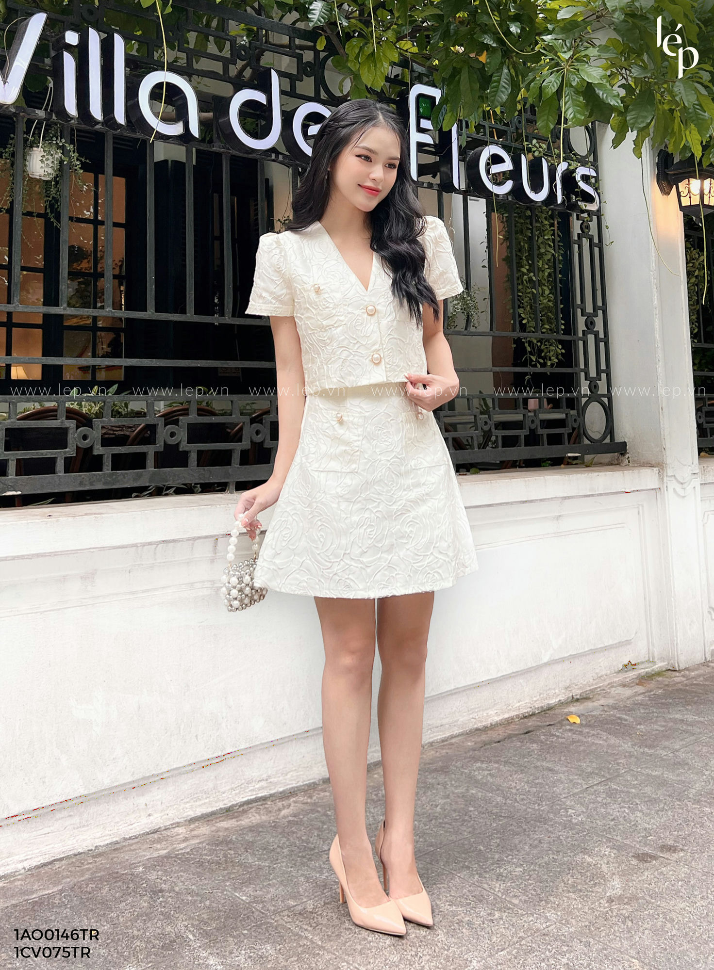 Set áo váy gấm cúc ngọc lep'
