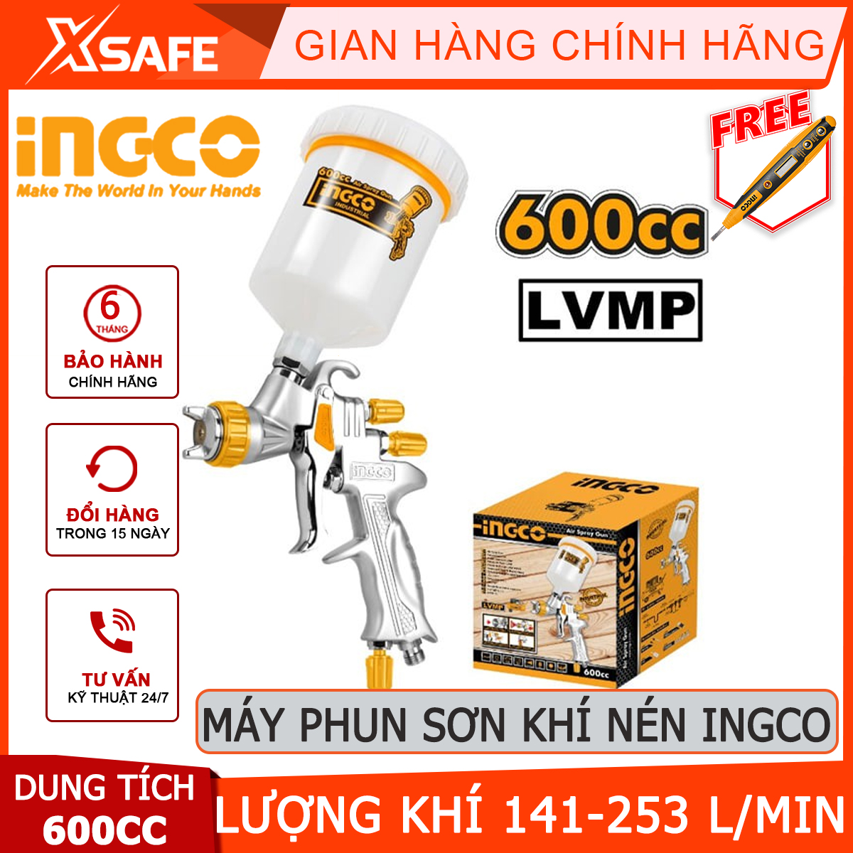 Máy phun sơn khí nén INGCO ASG1065 | súng phun sơn Đầu phun tiêu chuẩn 1.3mm, dung tích bình 600cc, lượng khí 5-9cfm phun sơn gỗ, sơn ô tô, nội thất, xe máy
