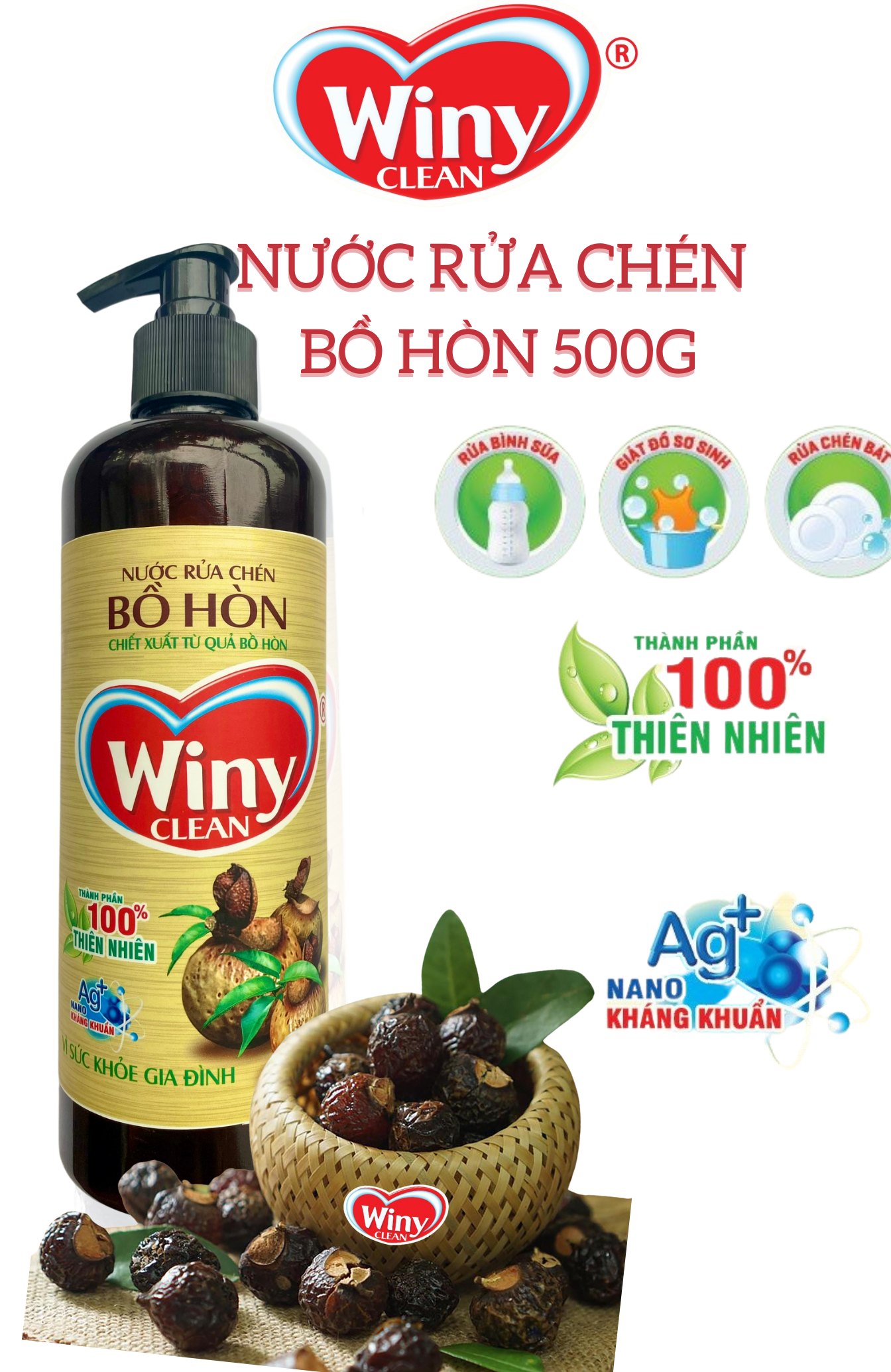 Nước rửa chén Winy Clean Chiết Xuất Bồ Hòn không chứa chất bảo quản không chưa parabel. Nước rửa bát hữu cơ chiết xuất từ trái bồ hòn sạch bát đía không gây khô da