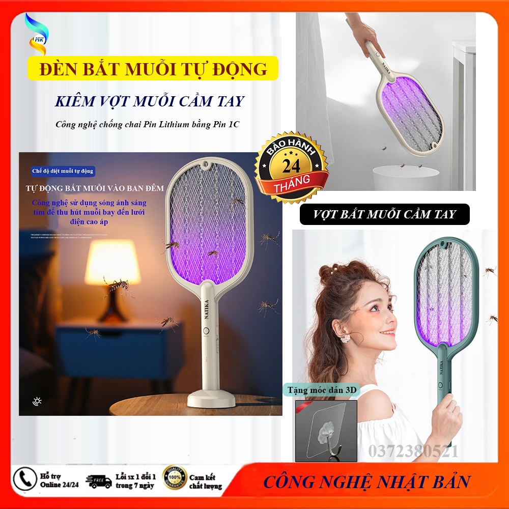 Đèn Bắt Muỗi Tự Động, Kiêm Vợt Muỗi Thông Minh Cầm Tay NATIKA. Chống Chai Pin Lithium Bằng Chip 1C. Bảo Hành 2 Năm (Máy diệt côn trùng, Đèn bẫy muỗi, Đèn diệt muỗi, máy đuổi muỗi)