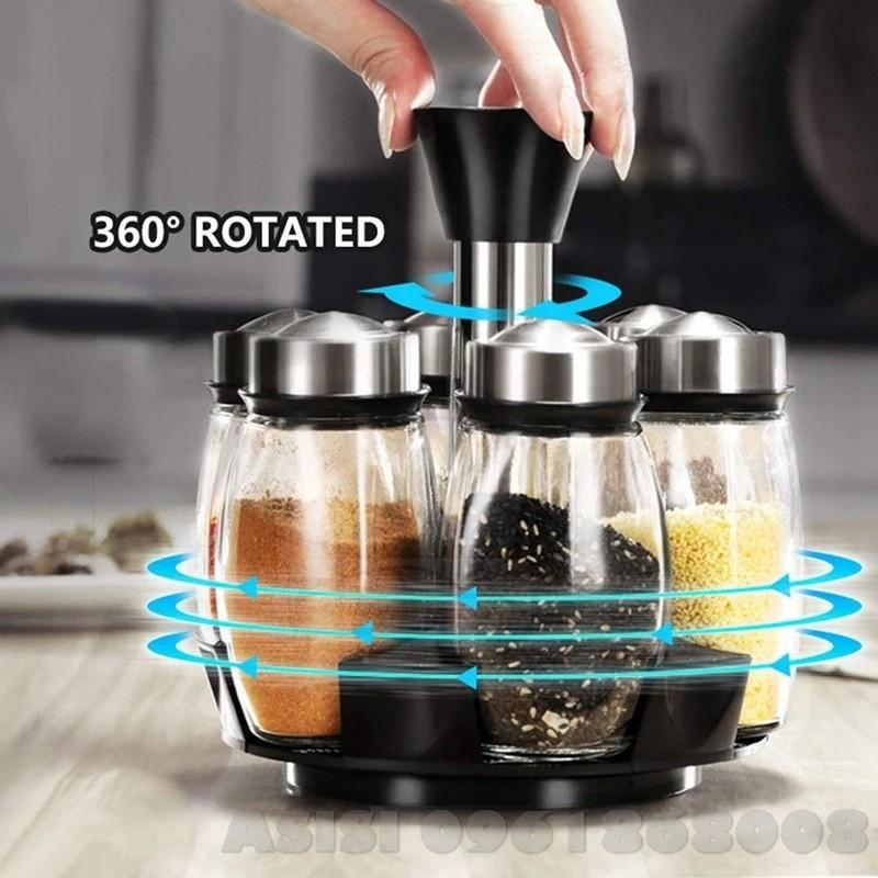 Bộ 6 lọ đựng gia vị thủy tinh kèm giá để xoay 360 độ