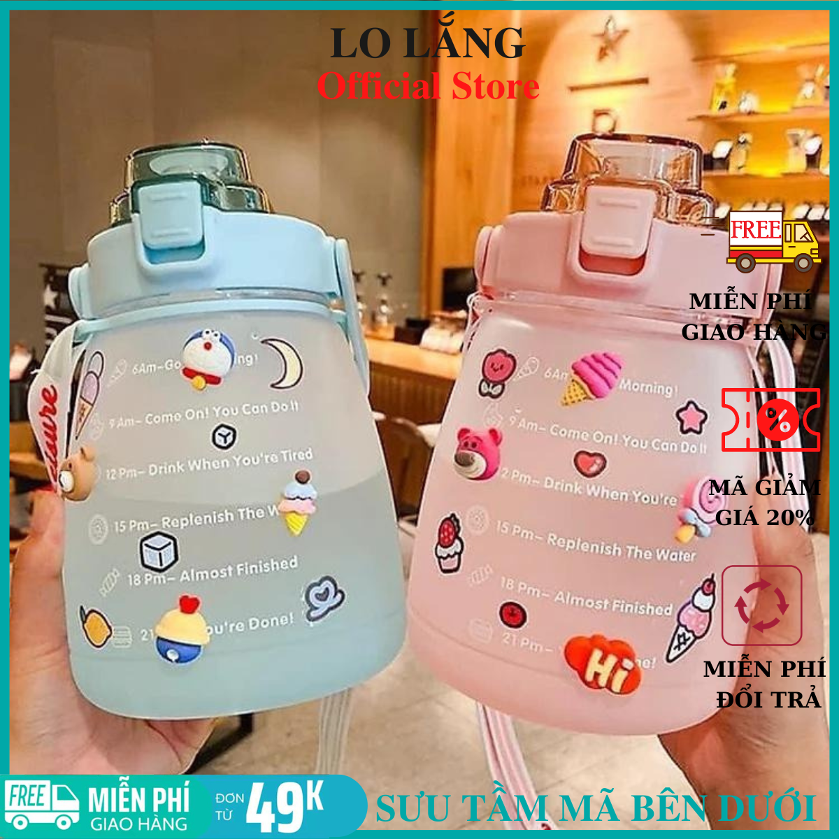 Bình đựng nước béo 1300ml dễ thương chia vạch báo giờ nhắc uống nước tặng dây đeo chéo có ống hút tiện lợi cao cấp