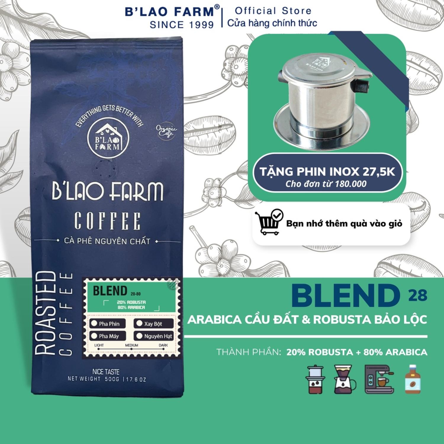 Cà phê rang xay nguyên chất Blend 20% Robusta và 80% Arabica B lao Farm