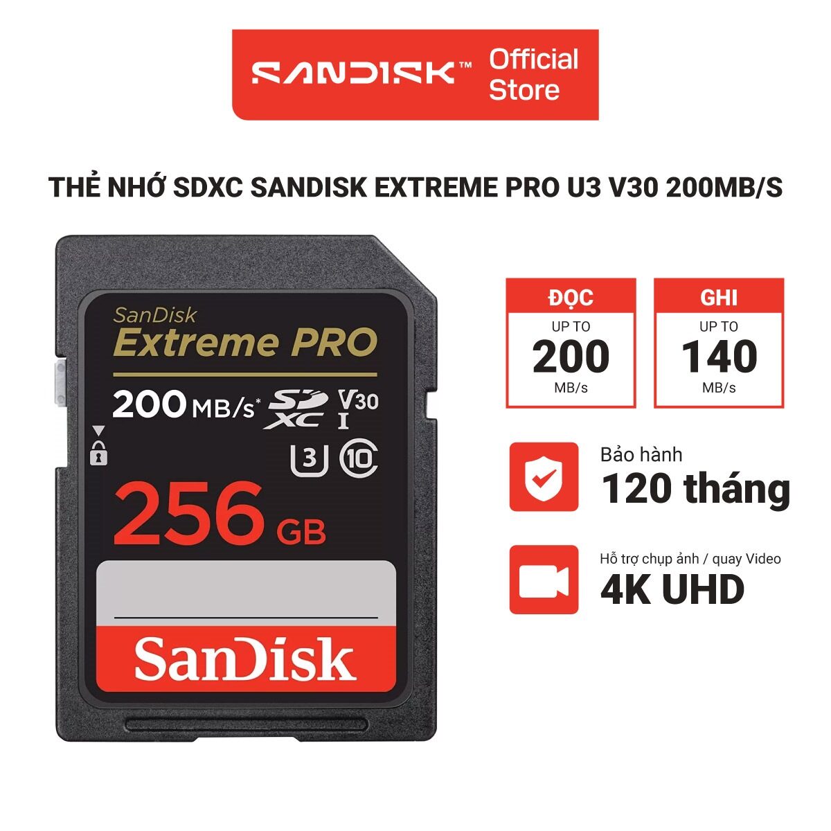 Thẻ nhớ SDXC SanDisk Extreme Pro U3 V30 64GB - 128GB- 256GB 200MB/s